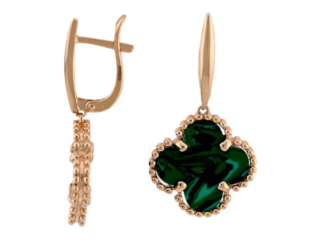 Золотые серьги  в виде клевера с малахитом 0