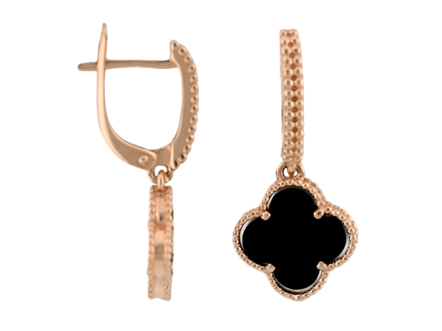 Золотые серьги в виде клевера с черным агатом 0