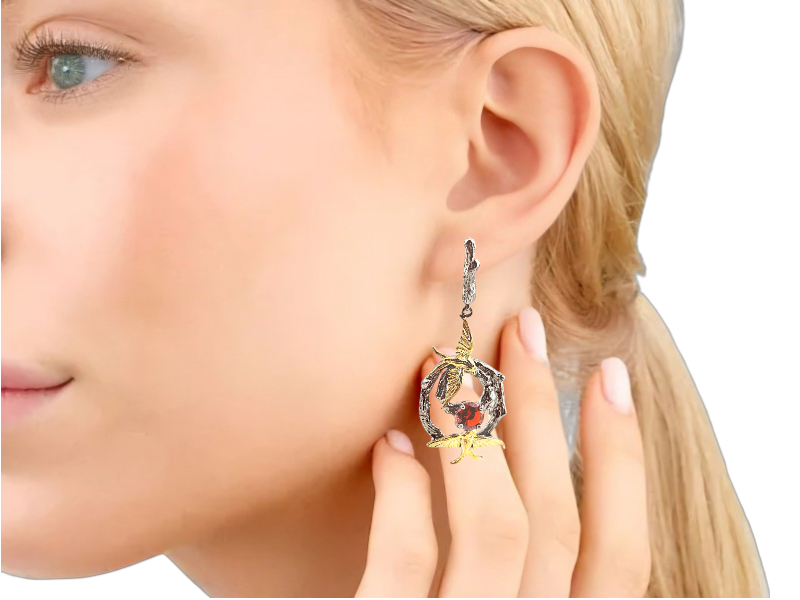 Серебряные серьги с позолоченными птицами 2