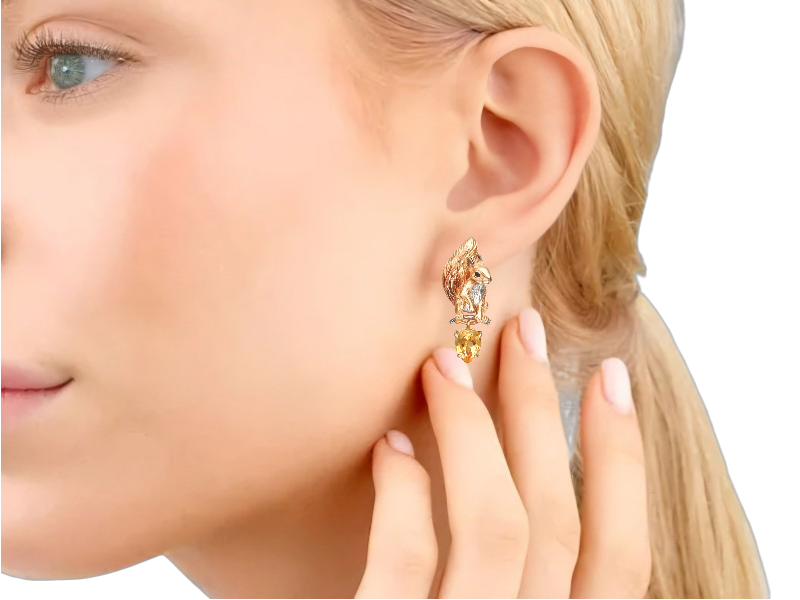 Серьги золотые «Белка» на английском замке. С цитрином и эмалью 2