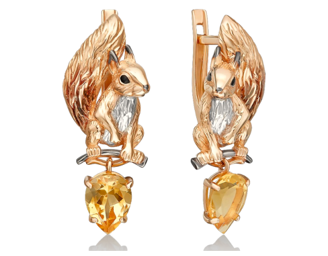Серьги золотые «Белка» на английском замке. С цитрином и эмалью 0